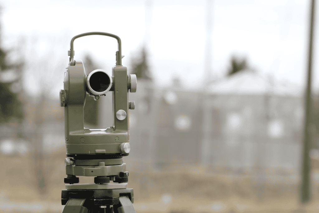 Surveying transit instrument mounted on a tripod