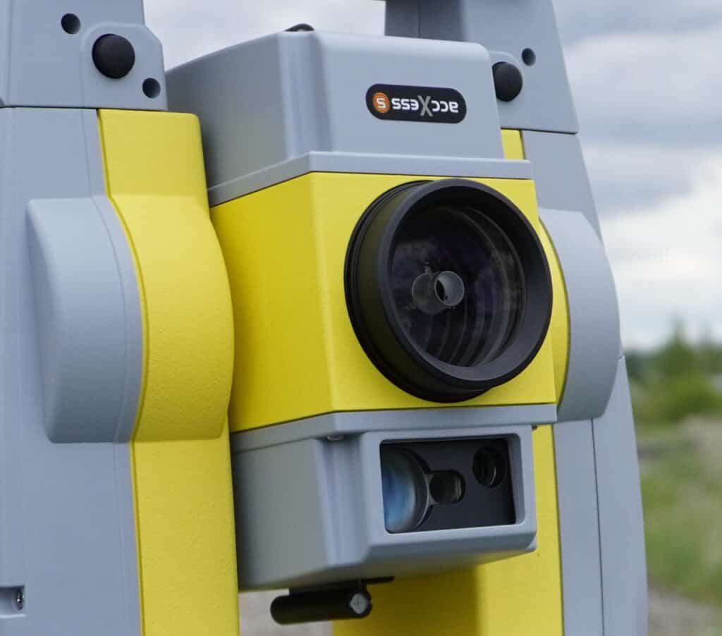 EDM surveying instrument mounted on a tripod for electronic distance measurement